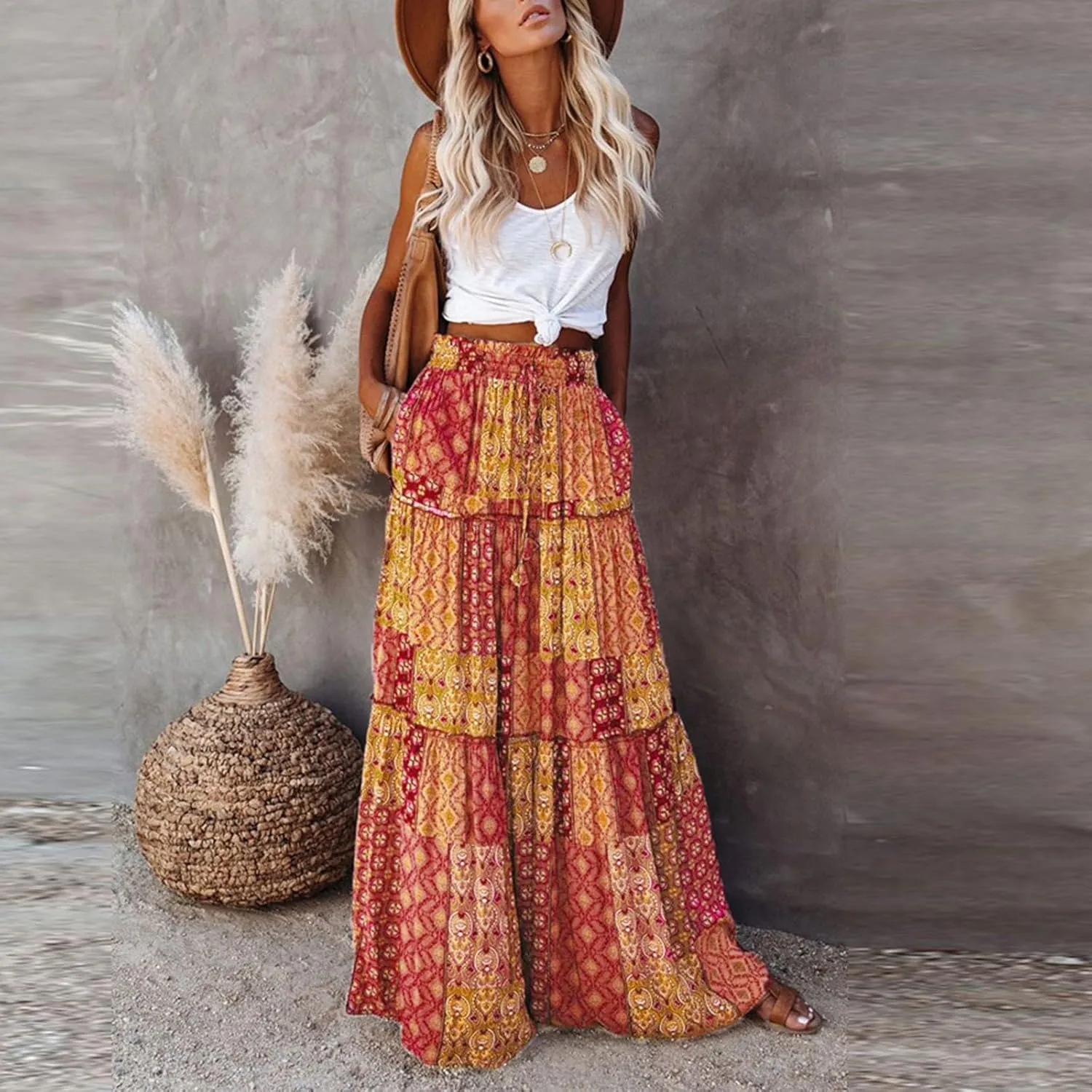 Women's Skirts Womens Summer Paisley Print Maxi Skirts Casual Elastic High Waist Pleated Flowy Ruffle Long Skirt