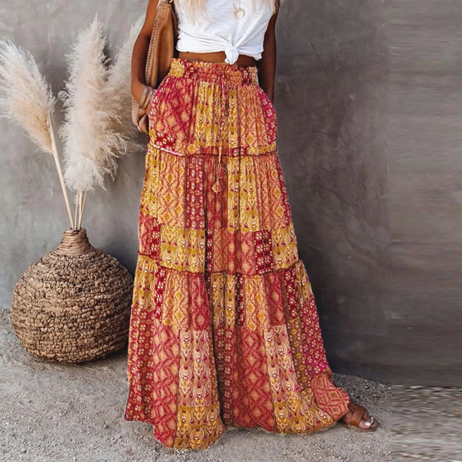 Women's Skirts Womens Summer Paisley Print Maxi Skirts Casual Elastic High Waist Pleated Flowy Ruffle Long Skirt