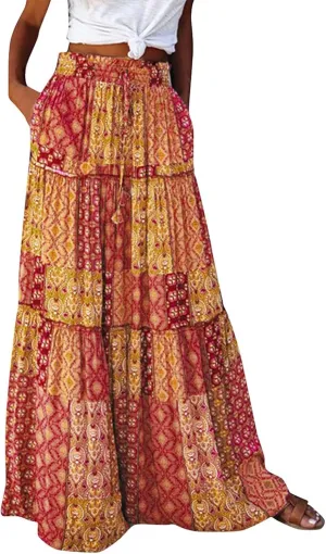 Women's Skirts Womens Summer Paisley Print Maxi Skirts Casual Elastic High Waist Pleated Flowy Ruffle Long Skirt