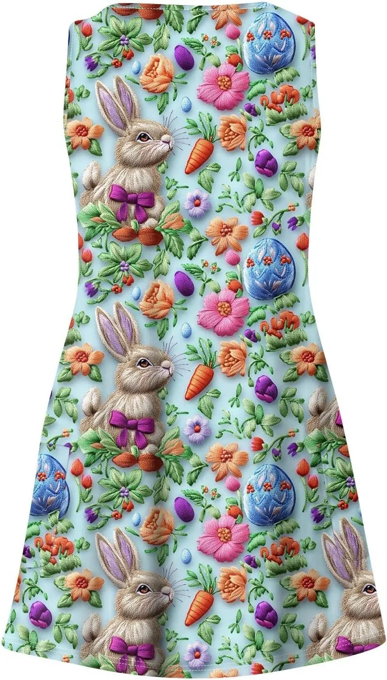 Women's Summer Dresses Casual V Neck Swimsuit Coverup Printed Sleeveless Sundress Beach 2025 Dress with Pocket