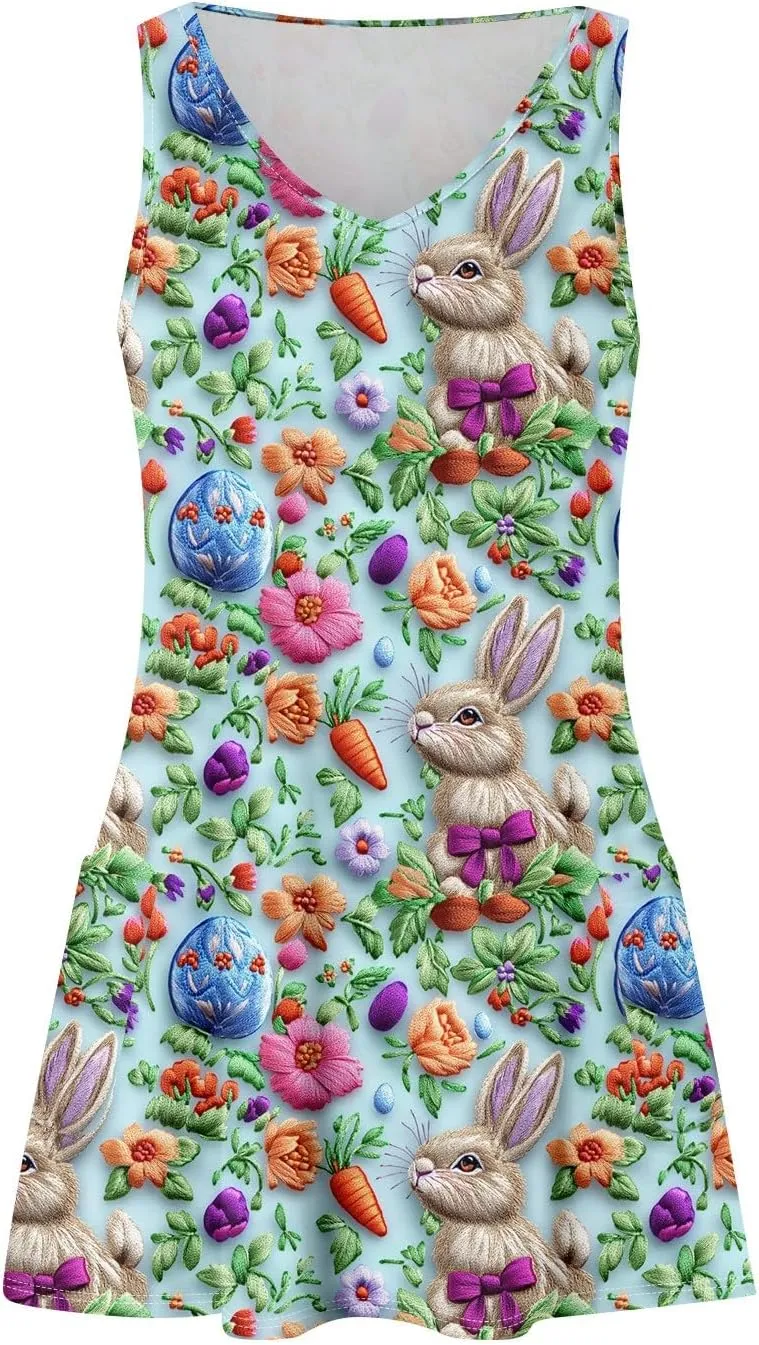 Women's Summer Dresses Casual V Neck Swimsuit Coverup Printed Sleeveless Sundress Beach 2025 Dress with Pocket