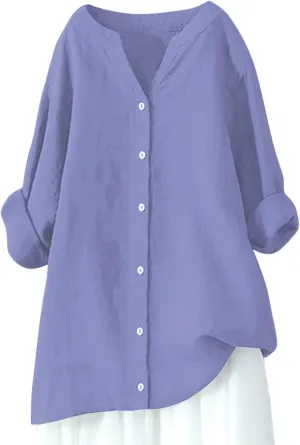 Womens Tops 2025 Long Sleeve Oversized Button Down Blouse Tops Cotton Linen Tunic Tees Airplane Travel Outfits